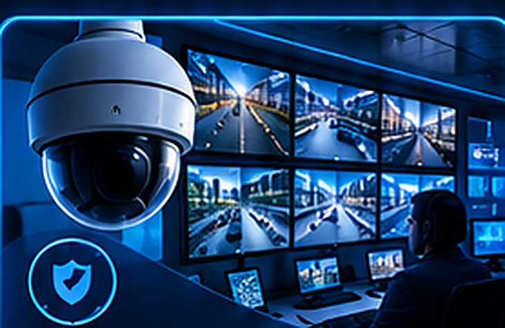 Composición ilustrativa de cámara PTZ y Video Wall de CCTV